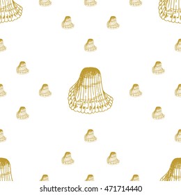 Golden sketch seashell decor seamless pattern. Vector illustration for your design