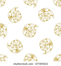 Golden sketch seashell decor seamless pattern. Vector illustration for your design