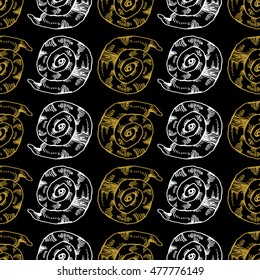 Golden sketch seashell decor seamless pattern. Vector illustration for your design
