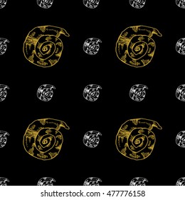 Golden sketch seashell decor seamless pattern. Vector illustration for your design
