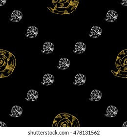 Golden sketch seashell decor seamless pattern. Vector illustration for your design