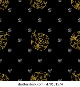 Golden sketch seashell decor seamless pattern. Vector illustration for your design
