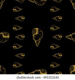 Golden sketch seashell decor seamless pattern. Vector illustration for your design