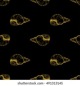 Golden sketch seashell decor seamless pattern. Vector illustration for your design