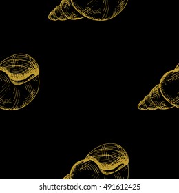 Golden sketch seashell decor seamless pattern. Vector illustration for your design