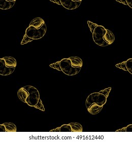 Golden sketch seashell decor seamless pattern. Vector illustration for your design