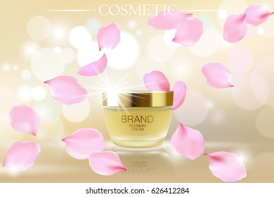Golden skin care cream cosmetics ads. Realistic 3d vector illustration promotion promo poster. Flying delicate pink rose petals. Beige background template art