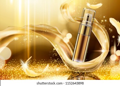 Golden skincare spray with weaving satin and feathers on shimmering background, 3d illustration