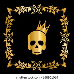Golden skull with crown and flower pattern