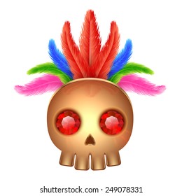 Golden Skull Icon with Feathers and Ruby Gems. Vector symbol