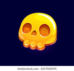 Golden skull icon, game asset or mobile app button. Isolated cartoon vector glossy yellow metal skull with large eye sockets and teeth combines spooky and cute elements for Halloween or pirate games