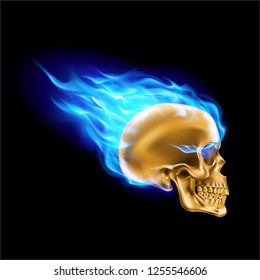 Golden Skull on Blue Fire with Flames. Illustration of Speeding Flaming Skull from the Side on Black Background