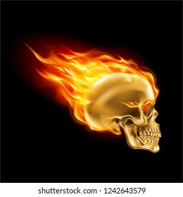 Golden Skull on Fire with Flames. Illustration of Speeding Flaming Skull from the Side on Black Background