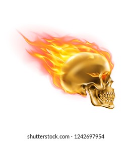 Golden Skull on Fire with Flames. Illustration of Speeding Flaming Skull from the Side on White Background