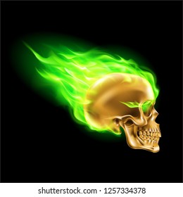 Golden Skull on Green Fire with Flames. Illustration of Speeding Flaming Skull from the Side on Black Background