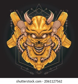 Golden skull robot illustration sacred geometry