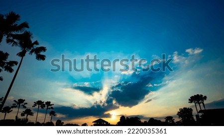 The golden sky mixed with indigo reflected the light of the setting sun Let the dark shadows in the lower part of the trees focus on the sun intended content There is little light in some parts