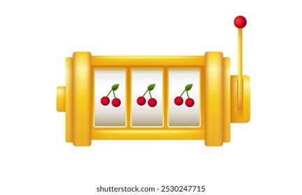 Golden slot machine with cherry. Lucky machine for casino and gambling. Fortune lever with jackpot.