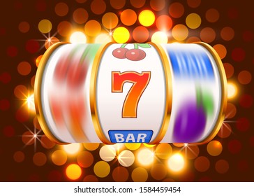 Golden slot machine coins wins the jackpot. 777 Big win casino concept. Vector illustration