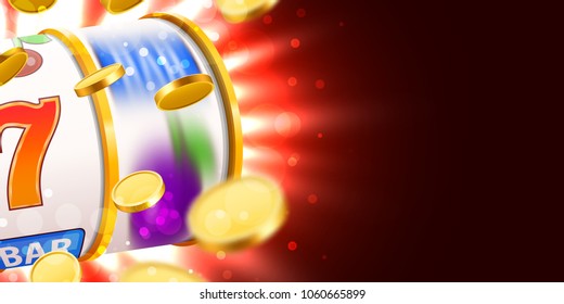 Golden slot machine with flying golden coins wins the jackpot. Big win concept. Vector illustration