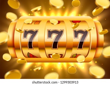 Golden slot machine with flying golden coins wins the jackpot. Big win concept. Vector illustration