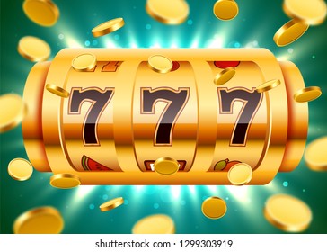 Golden slot machine with flying golden coins wins the jackpot. Big win concept. Vector illustration