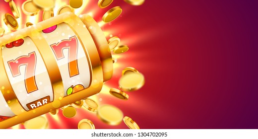 Golden slot machine with flying golden coins wins the jackpot. Big win concept. Vector illustration