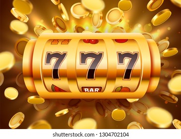 Golden slot machine with flying golden coins wins the jackpot. Big win concept. Vector illustration