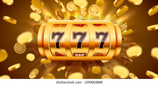 Golden slot machine with flying golden coins wins the jackpot. Big win concept. Vector illustration