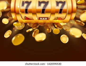 Golden slot machine with flying golden coins wins the jackpot. Big win concept. Vector illustration