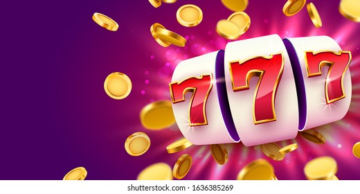 Golden slot machine with flying golden coins wins the jackpot. Big win concept. Vector illustration