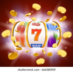 Golden slot machine with flying golden coins wins the jackpot. Big win concept. Vector illustration