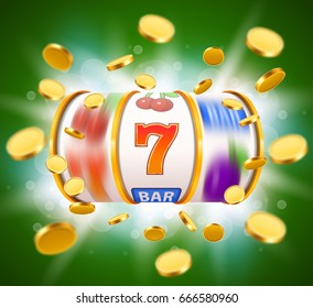 Golden slot machine with flying golden coins wins the jackpot. Big win concept. Vector illustration