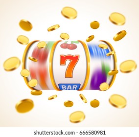 Golden slot machine with flying golden coins wins the jackpot. Big win concept. Vector illustration