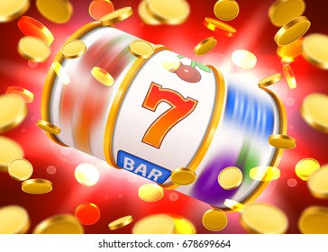 Golden slot machine with flying golden coins wins the jackpot. Big win concept. Vector illustration