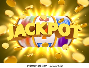 Golden slot machine with flying golden coins wins the jackpot. Big win concept. Vector illustration