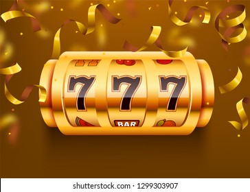 Golden slot machine with flying golden confetti wins the jackpot. Big win concept. Vector illustration