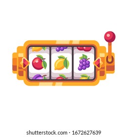 Golden slot machine with fruit symbols. Casino flat illustration