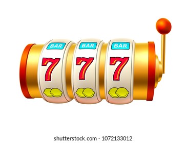 Golden slot machine with handle, triple seven 777 lucky numbers. 3d Casino and jackpot symbol, fortune gambling, money game, success and chance sign. Gaming addiction, vector isolated illustration