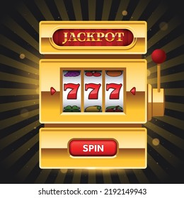 Golden slot machine with Jackpot sign and spin button on dark background. Win 777 jackpot. Lucky seven, big win, casino vegas game. Jackpot triple seven. Vector illustration.