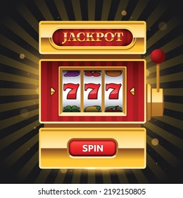 Golden slot machine with Jackpot sign and spin button on dark background. Win 777 jackpot. Lucky seven, big win, casino vegas game. Jackpot triple seven. Vector illustration.