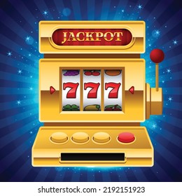 Goldener Spielautomat mit Jackpot-Schild auf glänzendem blauem Hintergrund. Gewinnen Sie 777 Jackpot. Glücklich sieben, großer Sieg, Casino Vegas-Spiel. Jackpot dreifach sieben. Vektorgrafik.