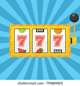 Golden slot machine with lucky sevens jackpot. Vector illustration.