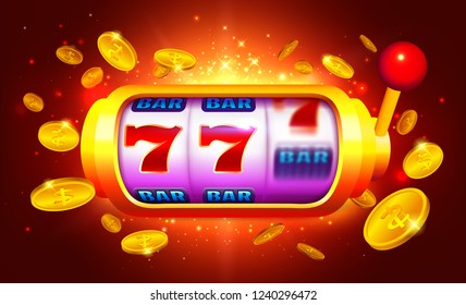 Golden Slot Machine with Moving Icons Vector Illustration. Bright Red Background with Coins for Casino Banner. 