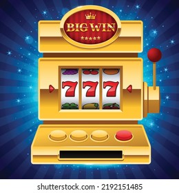 Golden slot machine on blue shiny background with Big Win sign. Win 777 jackpot. Lucky seven, big win, casino vegas game. Jackpot triple seven. Vector illustration.