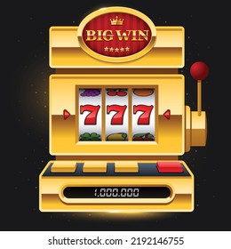 Golden slot machine on dark background with Big Win sign. Win 777 jackpot. Lucky seven, big win, casino vegas game. Jackpot triple seven. Vector illustration.