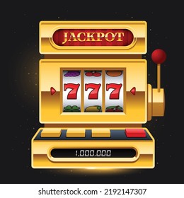 Golden slot machine on dark background with Jackpot sign one dark background. Win 777 jackpot. Lucky seven, big win, casino vegas game. Jackpot triple seven. Vector illustration.