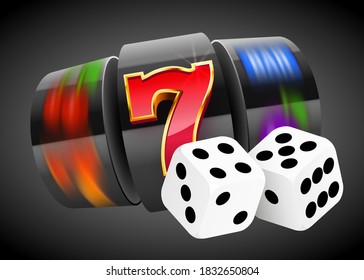 Golden slot machine and pair of dice wins the jackpot. 777 Big win concept. Casino jackpot. Vector illustration