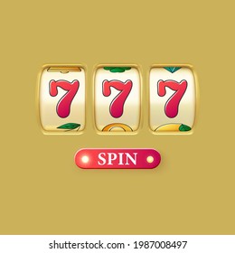 Golden slot machine realistic render. Big win on jackpot casino win. 777 on slot machine wheels and spin button. Vector 