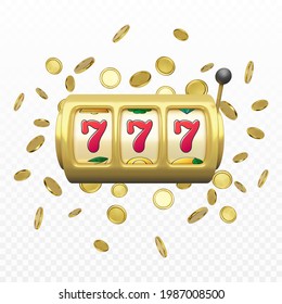 Máquina tragaperras de oro con representaciones realistas. Gran victoria en el casino jackpot. 777 en las máquinas tragaperras las ruedas y las monedas llueven sobre el fondo. Vector 